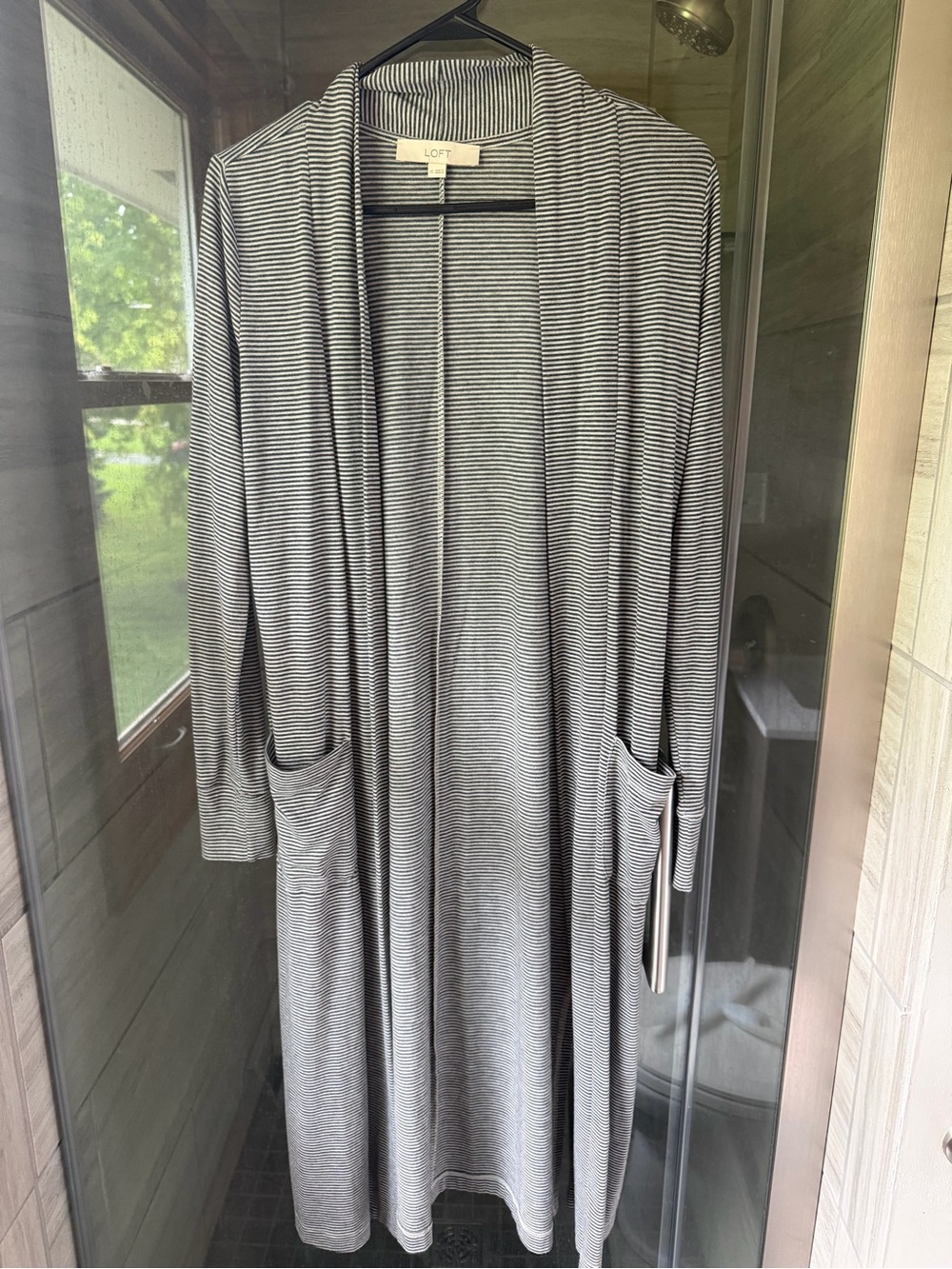 LOFT Gray and White Striped Long Open-Front Cardigan Robe